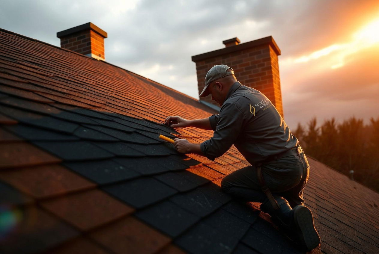 Roofer installing premium architectural shingles at sunset
